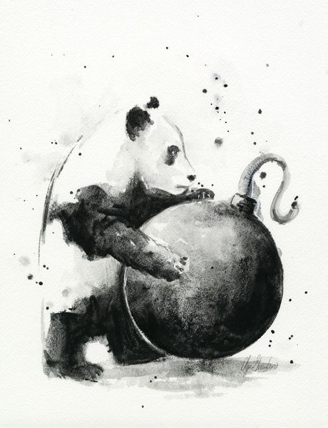 Watercolor panda keeping huge bomb tattoo design