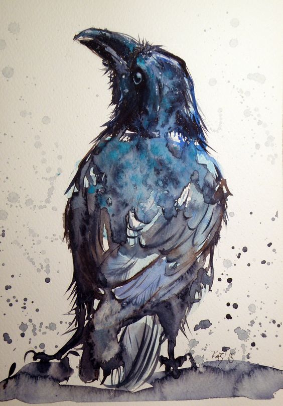 Watercolor raven showing his back tattoo design
