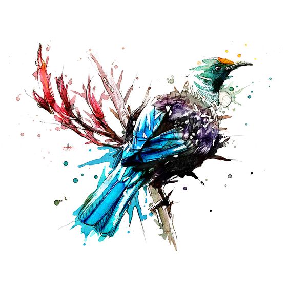 Watercolor resting bird tattoo design