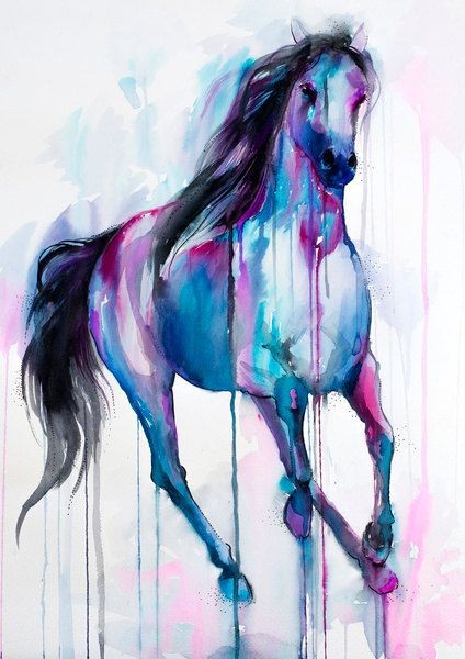 Watercolor running horse in smudges tattoo design