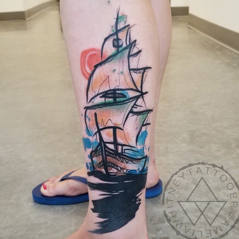 Watercolor ship tattoo on leg
