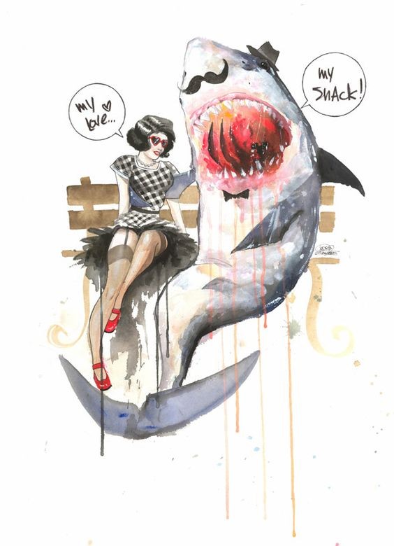 Watercolor sir shark and pretty lady sitting on bench tattoo design