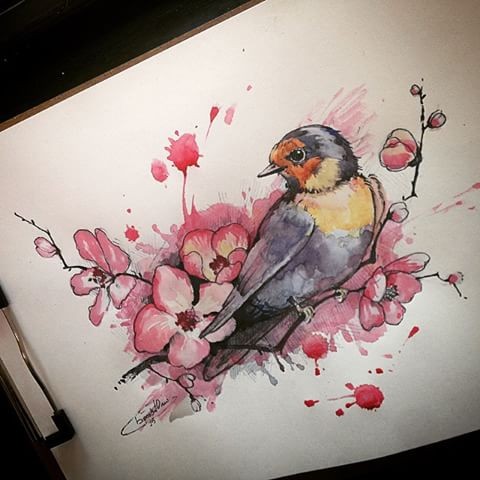 Watercolor sparrow and cherry blossom tattoo design