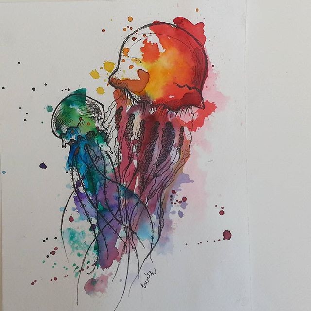 Watercolor splashed jellyfish couple tattoo design