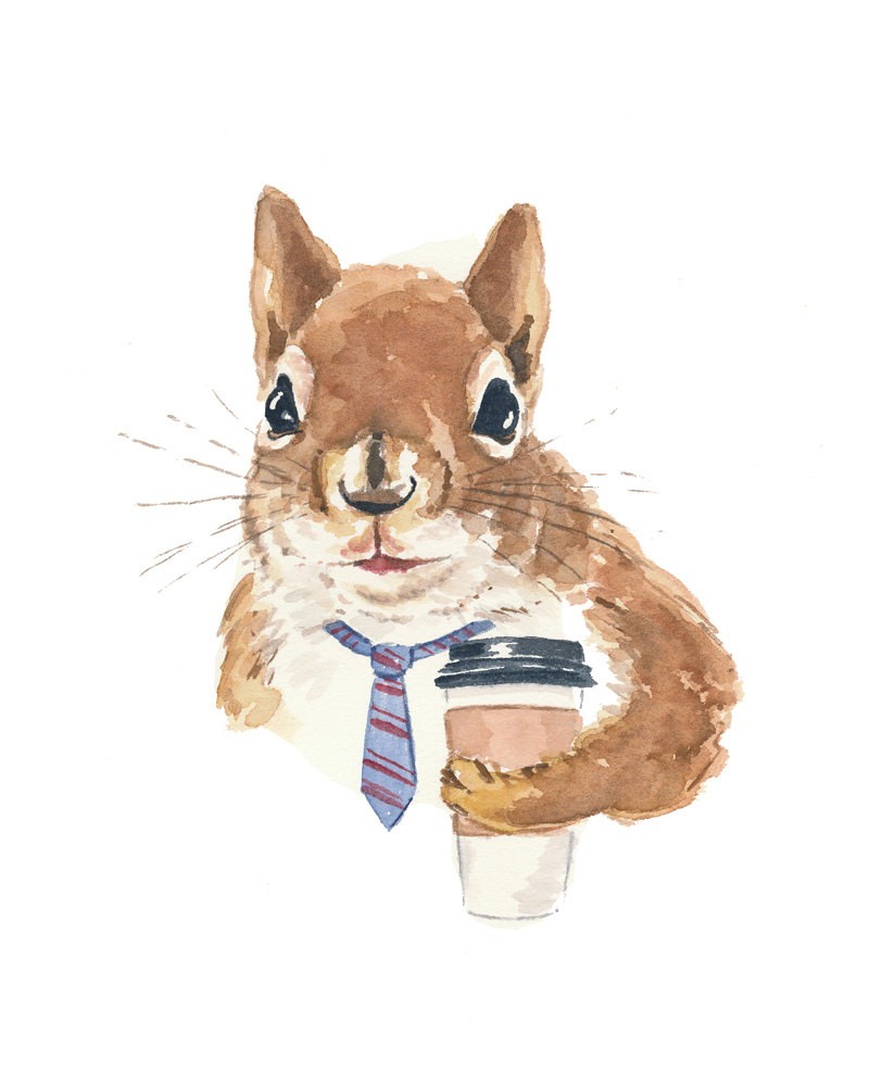 Watercolor squirrel businessman in striped tie with coffee tattoo design2