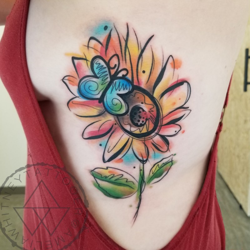 Watercolor sunflower and butterfly tattoo on side