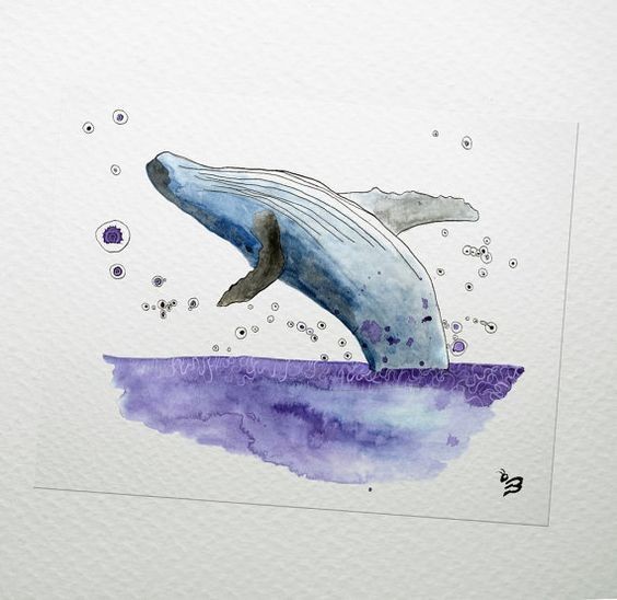 Watercolor whale jumping in purple water with a lot of bubbles tattoo design