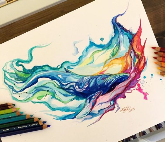 Watercolor whale swimming in rainbow flow tattoo design