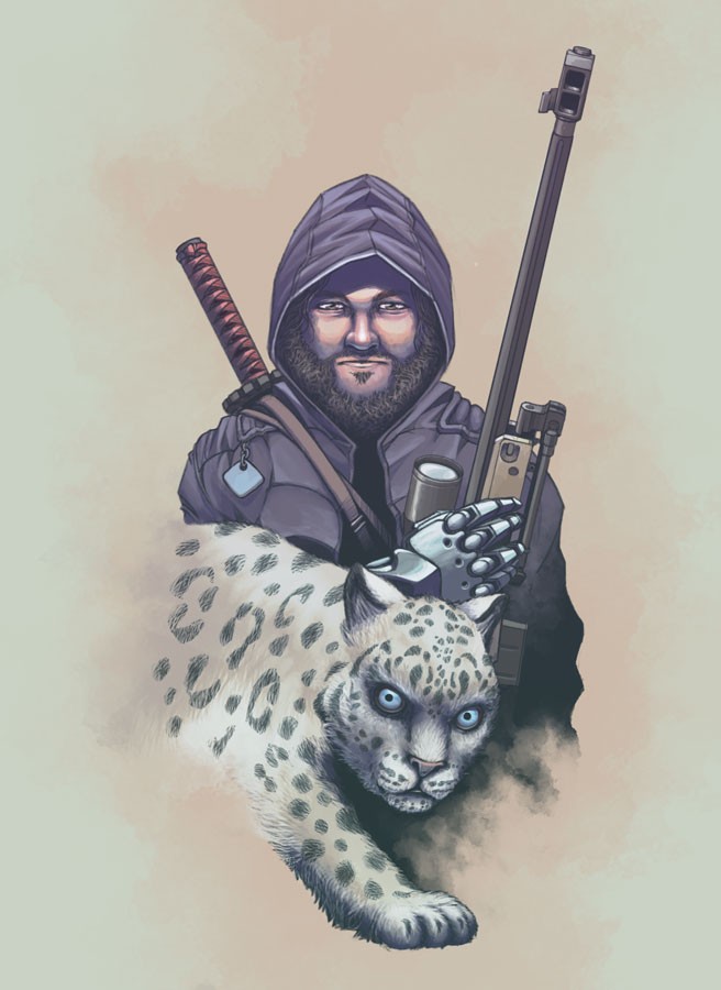 Weaponed warrior and blue-eyed snow leopard tattoo design