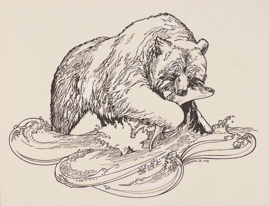 Wet fluffy bear keeping his fish prey tattoo design