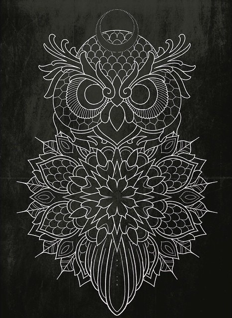 White-contour owl with floral patterned body tattoo design
