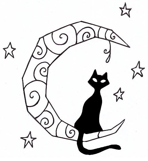 White-eyed black cat sitting on curled moon tattoo design