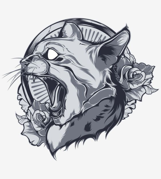 White-eyed screaming cat head and flowers tattoo design