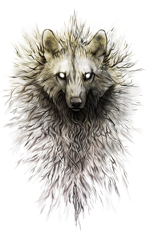 White-eyed wolf with disheveled fur tattoo design