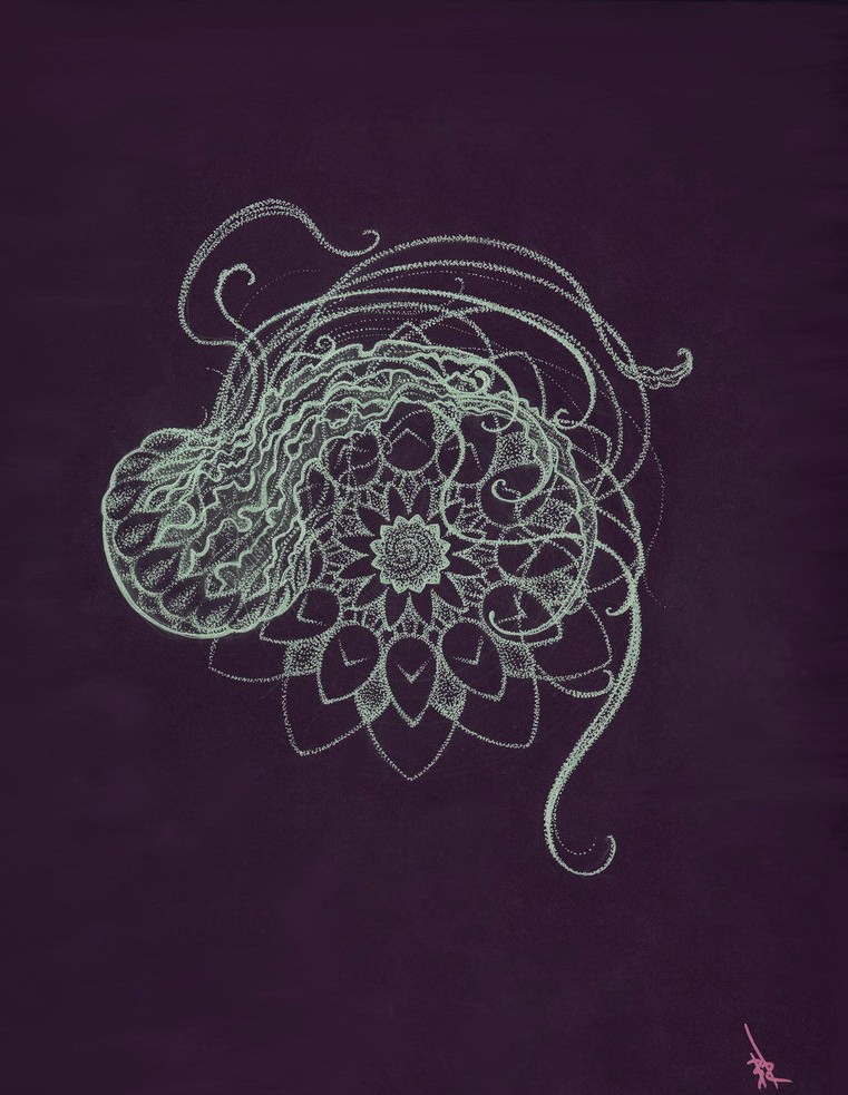 White-ink jellyfish curled around mandala flower tattoo design by B1ack Rain