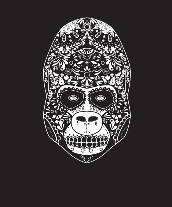 White-ink sugar skull gorilla tattoo design