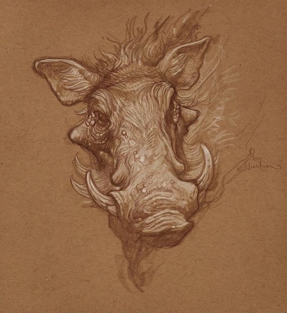 White-ink wild pig head with horns tattoo design2