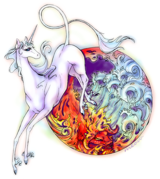 Unicórnio animado branco com desenho de tatuagem de círculo de fogo e água por Lady Meow