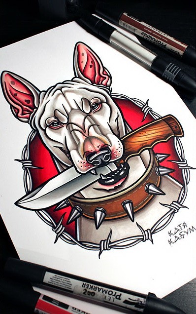 White bull terrier dog with knife in teeth tattoo design by Katya Kabum