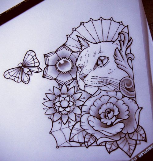 White cat wathing a butterfly in flowers tattoo design