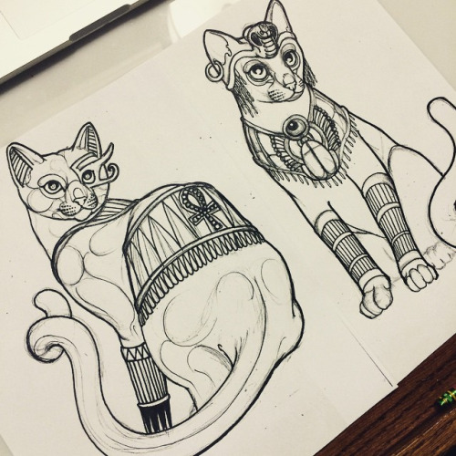 White cats in egyptian armor tattoo design