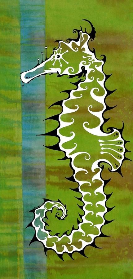 White curl-printed seahorse with black spiny contour tattoo design