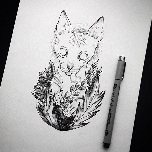 White dotwork cat in herbs tattoo design