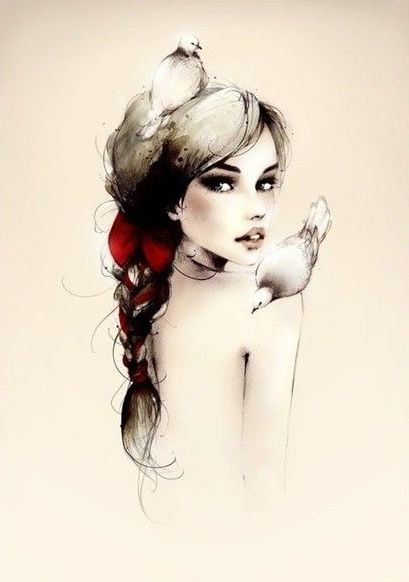 White doves and pretty woman with red bow tattoo design