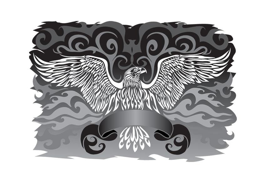 White eagle emblem with grey ribbon on curled background tattoo design