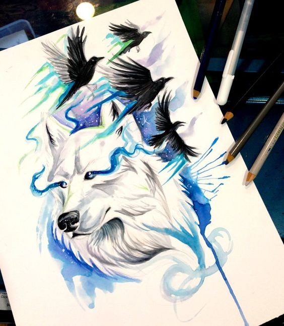 White fluffy wild animal and blue swirls tattoo design