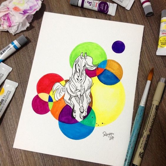 White horse running on rainbow circles background tattoo design