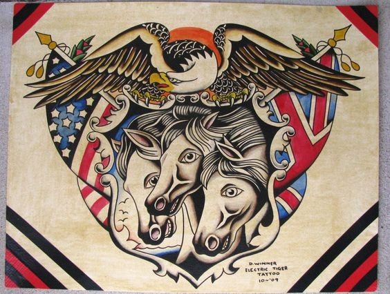 White horse trio with americal flags and crying eagle tattoo design