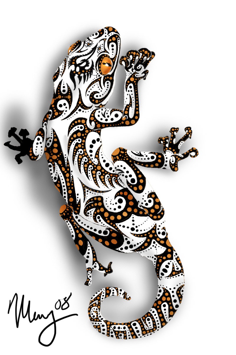 White lizard with black-and-orange pattern tattoo design