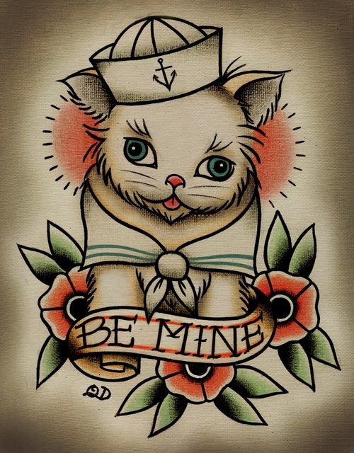 White old school cat sailor with flowers and quoted ribbon tattoo design