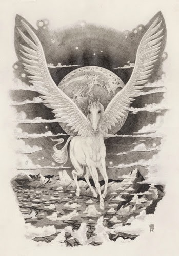 Pegasus branco na lua cheia e ver desenho de tatuagem de fundo