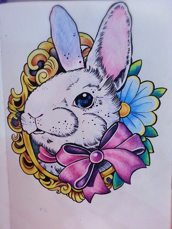White rabbit in purple bow looking out og golden frame tattoo design