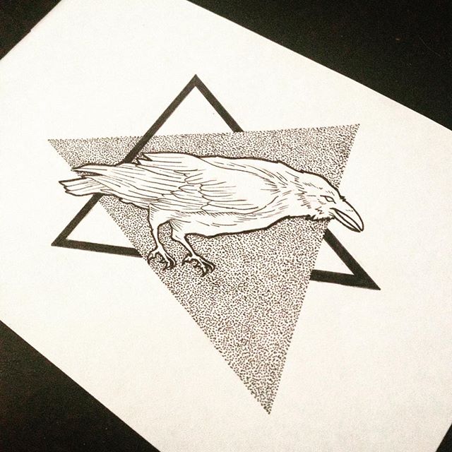 White raven on two dotwork triangles background tattoo design