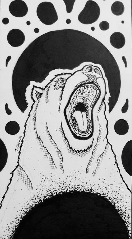 White roaring bear on black spots background tattoo design