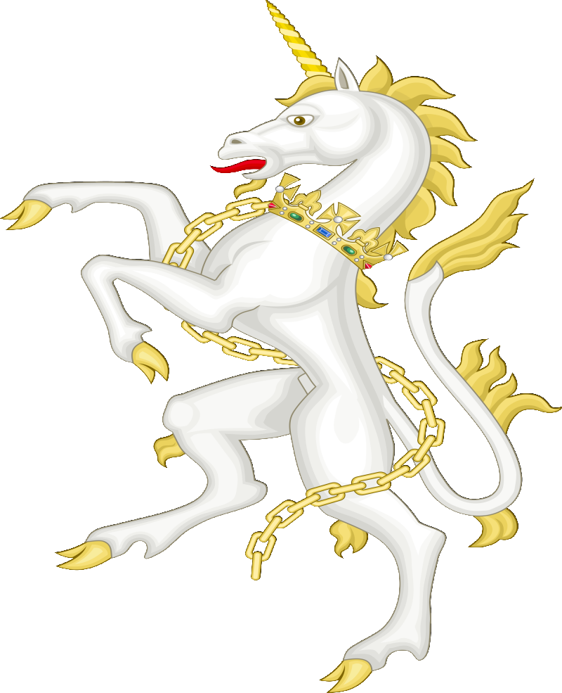 Unicórnio real branco com acorrentado com tatuagem de coroa dourada