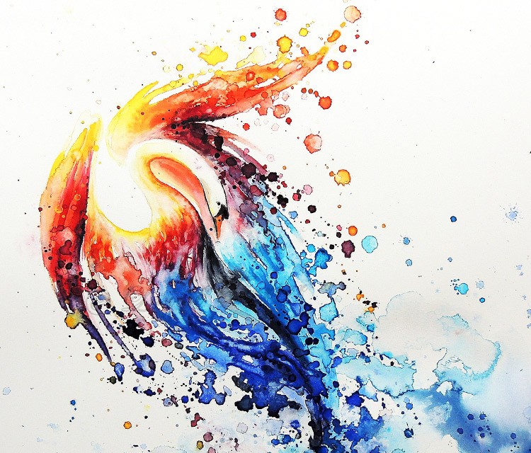 White swan with orange-and-blue splashed watercolor wings tattoo design