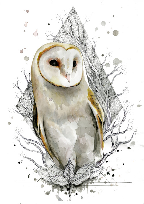 White watercolor owl on dotwork rhombus background tattoo design