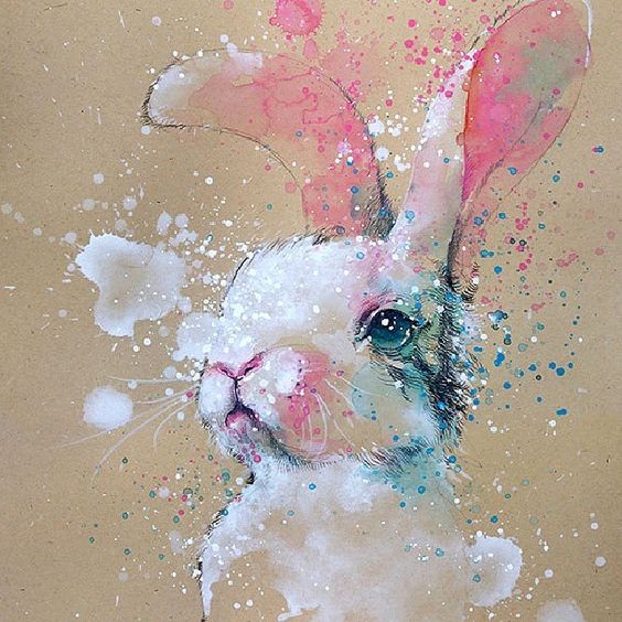 White watercolor rabbit with pink and blue shadows tattoo design