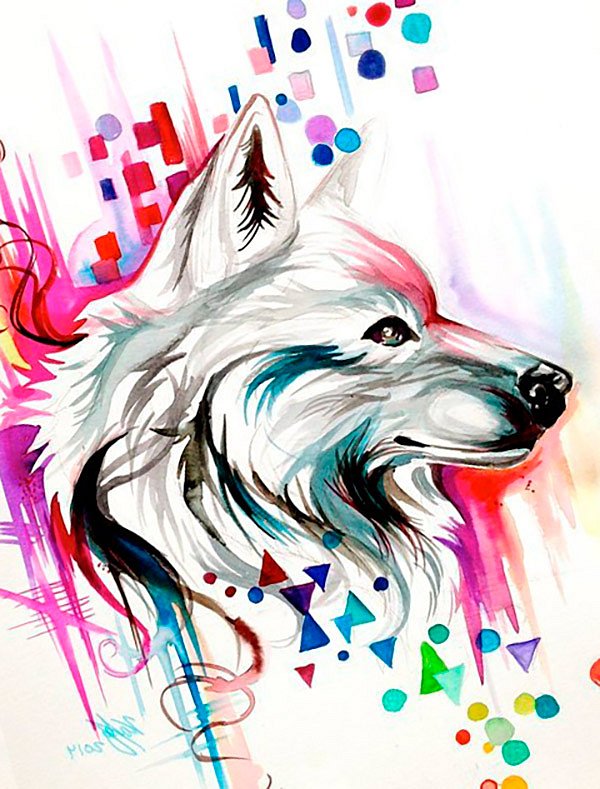 White wolf head with multicolor geometric figures tattoo design