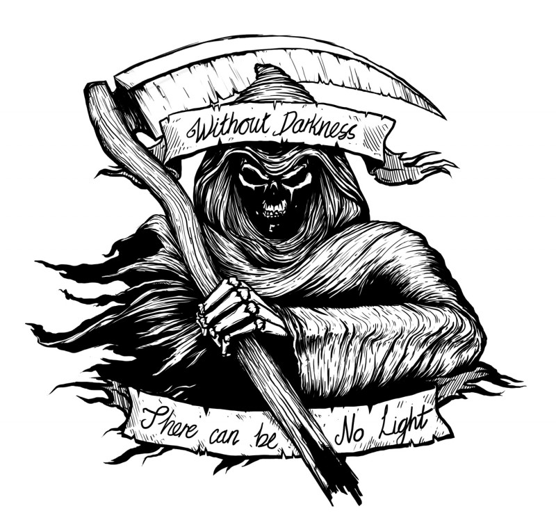 Wicked black-ink death with a scythe and two banners tattoo design