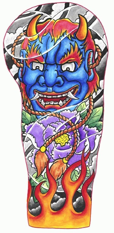 Rosto de demônio chinês mau sobre lótus no desenho de tatuagem de fogo para braço
