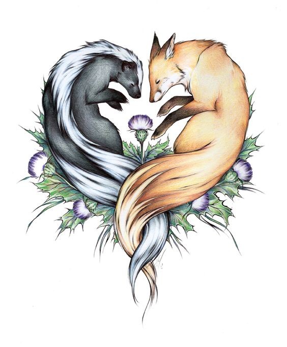 Wild animal couple leing on agrimony flowers tattoo design