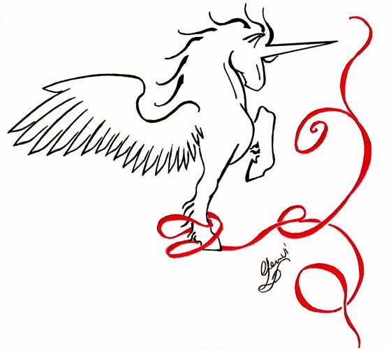 Winged unicorn silhouette with long red stripe tattoo design by Genvi