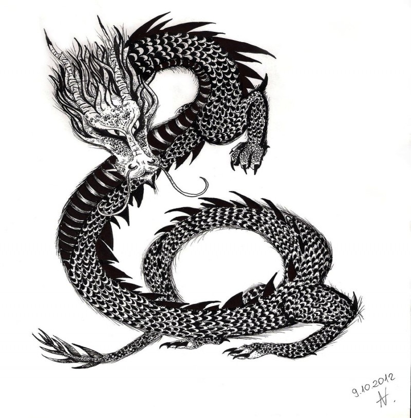 Design de tatuagem de dragão chinês preto e branco sábio por Wojak1991