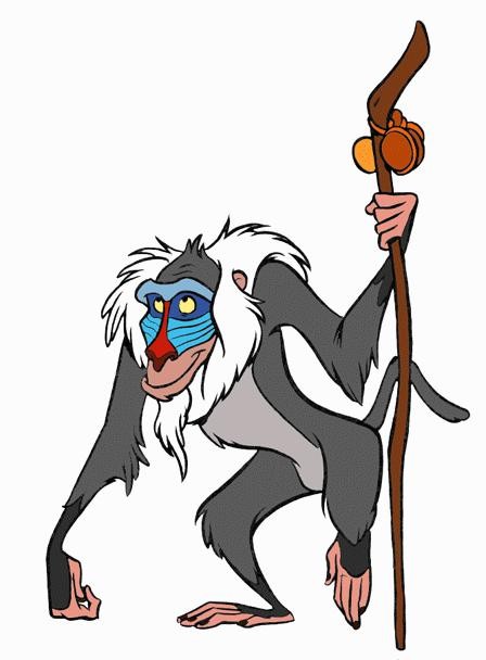 Wise cartoon colored baboon keeping wooden stick with coins tattoo design