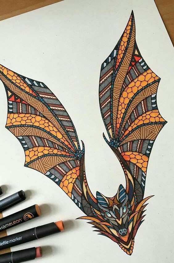Wonderful black-and-orange flying animal in geometric style tattoo design